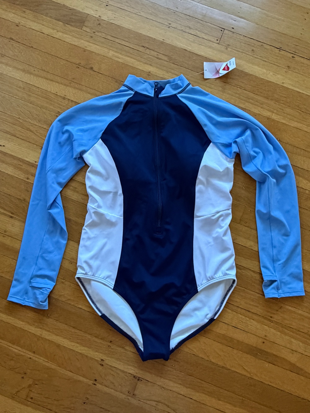 Lands End color block tugless long sleeve rashguard one piece swimsuit 12 blue